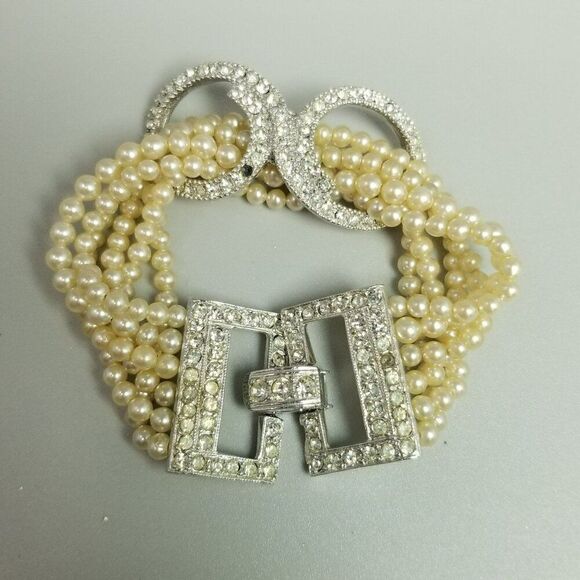 Vintage Six Strand Faux Pearl and Rhinestone Clasp Bracelet, Retro Fancy Formal - Picture 10 of 10